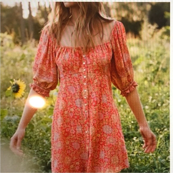 Spell Love Story Boho Printed Midi Dress Puff Sleeves Size M Red - Picture 2 of 10